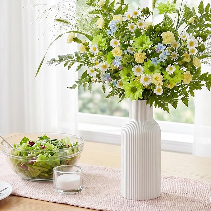 White Ceramic Vase, Modern Matte Ribbed Flower Vase for Pampas Grass, Fresh & Dried Flowers, Waterproof Decorative Home Decor for Living Room, Coffee Table, Bookshelf & Entryway