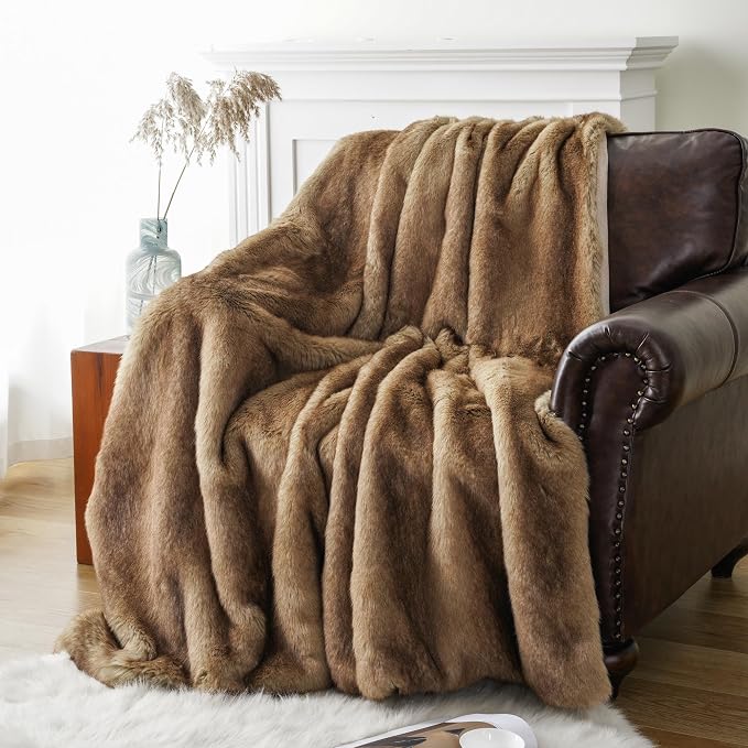 BATTILO Luxury Ochre Faux Fur Throw Blanket for Couch, Home Decor, 60"x80" | Large Soft Cozy Mink Plush Warm Elegant Furry Fluffy Faux Fur Blanket for Bed, Sofa, Living Room, Long Pile