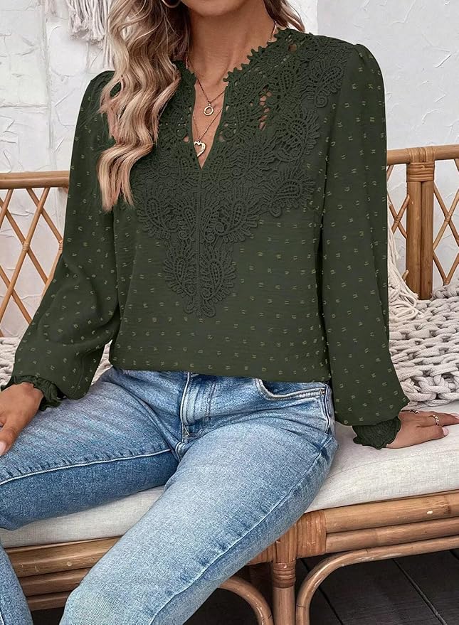 Womens Tops Swiss Dot Boho Long Sleeve Shirts V Neck Casual Chiffon Blouses Flowy Lace Hem Cute Clothing Trendy 2026