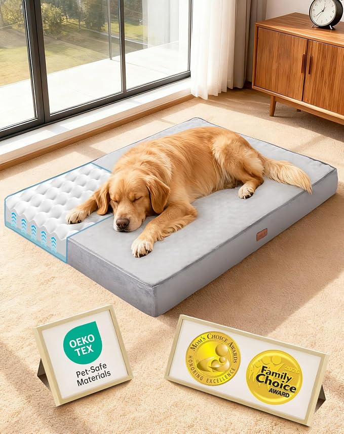 OhGeni Orthopedic Waterproof Large Dog Bed, Memory Foam, 44 inch(Gray) | Machine-Washable Removable Cover in Easy-Clean Fabric, Reversible Memory Foam & Easy-Carry Handle, Wider and Larger