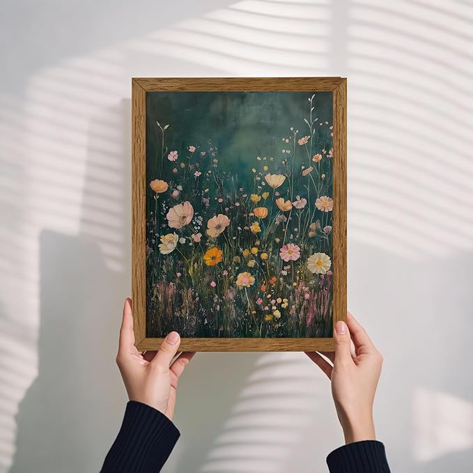 JLTULT Vintage Floral Wall Art, Pink Wood-Framed Canvas, 8 x 10 In | Pink wildflower art on fade-resistant canvas with a ready-to-hang solid wood frame for bathroom, bedroom and farmhouse decor