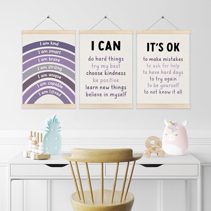 Koesus Inspirational Classroom Purple Rainbow Wall Art Poster Hanger Frame 12x16 Inch Set of 3, Positive Affirmations for Kids, Motivational Canvas Prints Framed Wall Decor for Classroom Kids Room