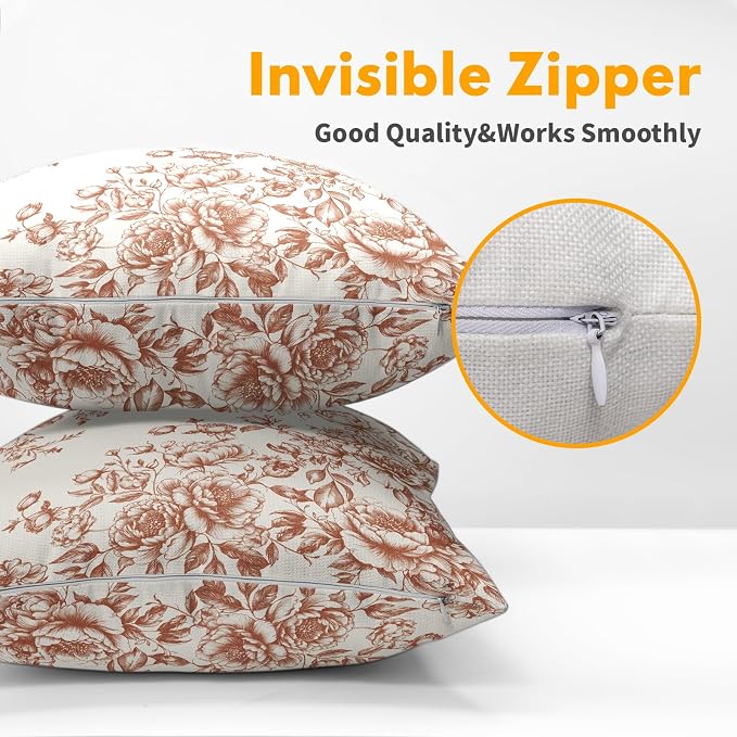 Kawani Brown White Floral Pillow Covers 20x20 Set of 2 Vintage Chinoiserie Flowers Print Decorative Square Pillow Cases Cotton Linen Cushion Cover for Bedroom Sofa Couch Home Decor