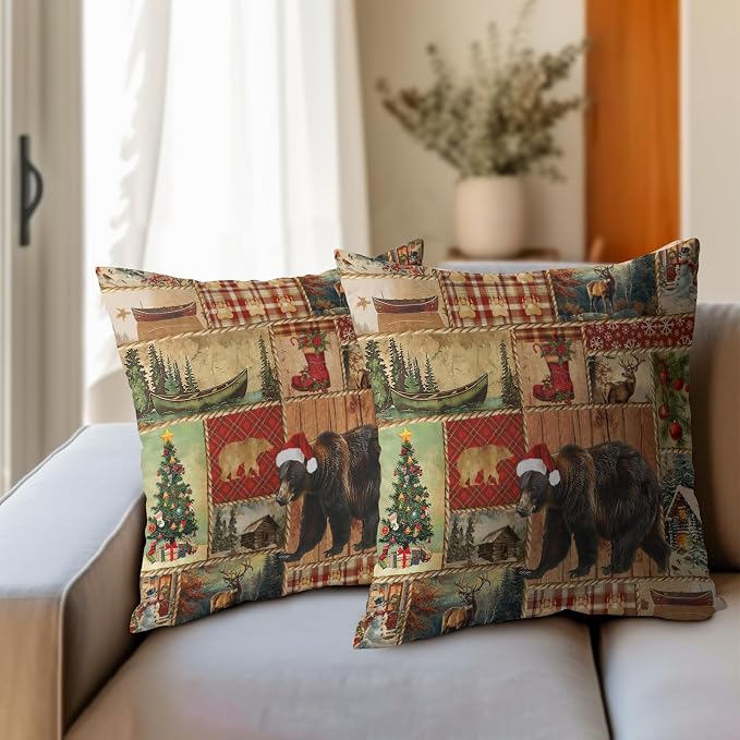 Kawani Christmas Bear Throw Pillow Covers 18x18 Inch - Set of 2 Xmas Log Cabin Wildlife Winter Cotton Linen Square Pillowcase Cushion Cover for Patio Couch Sofa Bedroom Living Room Decor