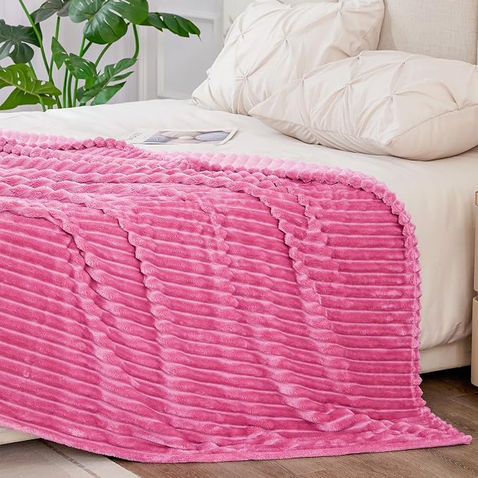 BEDELITE 3D Ribbed Jacquard Hot Pink King Size Blanket for Bed, 108x90 Inch | Soft Warm Decorative Fluffy Blanket, Cozy Fuzzy Lightweight Plush Fleece Throw Blankets for Bed, Room Decor, Gift for Women
