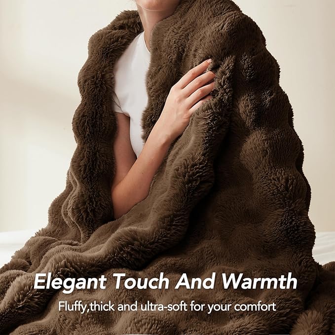 L'AGRATY Faux Rabbit Fur Throw Blanket for Couch, 50'' x 60'', Cocoa Brown | Soft Cozy Bubble Fluffy Blanket for Sofa Bed, Thick Warm Plush Fuzzy Throw for Room Home Decor, Luxury Gift for Women Mom