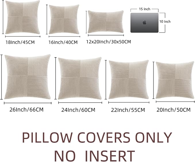 Fancy Homi Neutral Taupe Decorative Throw Pillow Covers 20x20 Inch for Living Room Couch Bed Sofa, Farmhouse Boho Home Decor, Soft Corss Corduroy Patchwork Accent Square Cushion Case 50x50 cm