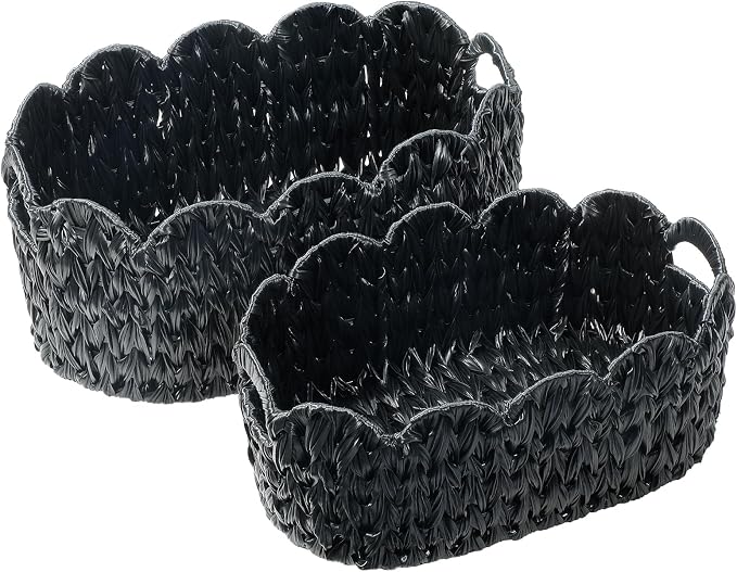 Coeusy Wicker Scalloped Basket Set of 2,Woven Storage Baskets for Shelves,Closet,Laundry,Gift,Towels,Books,Toys,Waterproof Decor Basket for Organizing,Black Oval
