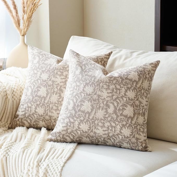 FIOUOVO Floral Throw Pillow Covers 20x20 Farmhouse Block Print Pillow Covers Decorative Pillow Covers Couch Pillows for Living Room Vintage Accent Sofa Pillows Set of 2, Taupe Grey