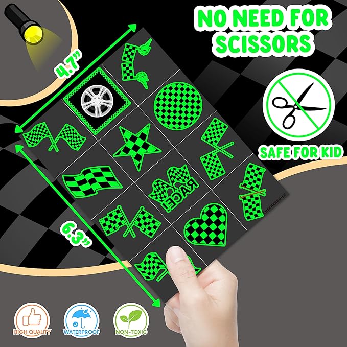 96 PCS Funny Race Car Checkered Flag Glow In The Dark Pre-Cut Black and White Temporary Tattoos Sticker Birthday Party Decorations Supplies Favors Gifts Boys Girls (Luminous)