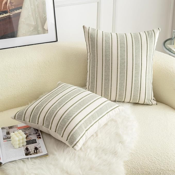 Cethom Decorative Boho Throw Pillow Covers, Farmhouse Textured Pillow Case, 22 x 22 Inch Set of 2, Chair Sofa Bedroom Living Room Home Decor Couch Cushion Case, Olive Green and Beige Striped
