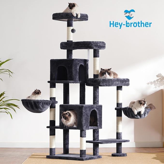 Hey-brother Cat Tree Tower with Stable Extended Base, 3 Platforms, MPJ038G | 70.9 Inches Multi-Level Sisal Scratching Posts, Wide Bed, 2 Cozy Condos, 2 Hammocks, Toy Balls for Indoor Cats, Smoky Gray