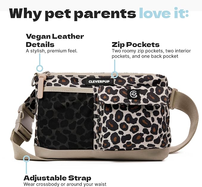 Cleverpup Walk & Train 2-in-1 Dog Walking Bag - Hands-Free, Leopard