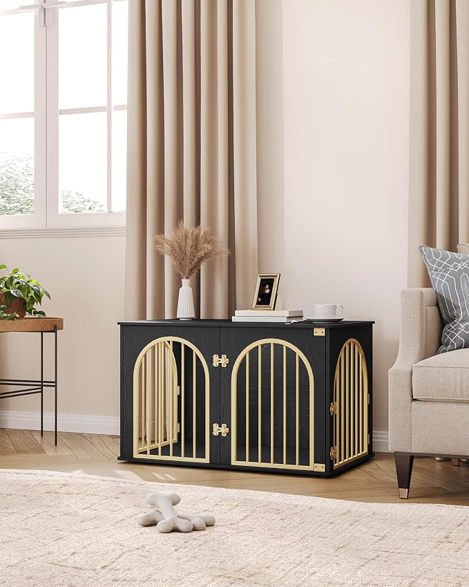 Hzuaneri 39.4'' Dog Crate Furniture,Dog Kennel Indoor for Medium/Large Dogs | Dog Kennel Furniture Wooden Dog Cage Heavy Duty Dog Crate Decorative Pet House End Side Table TV Stand,Black Gold DFC84104A