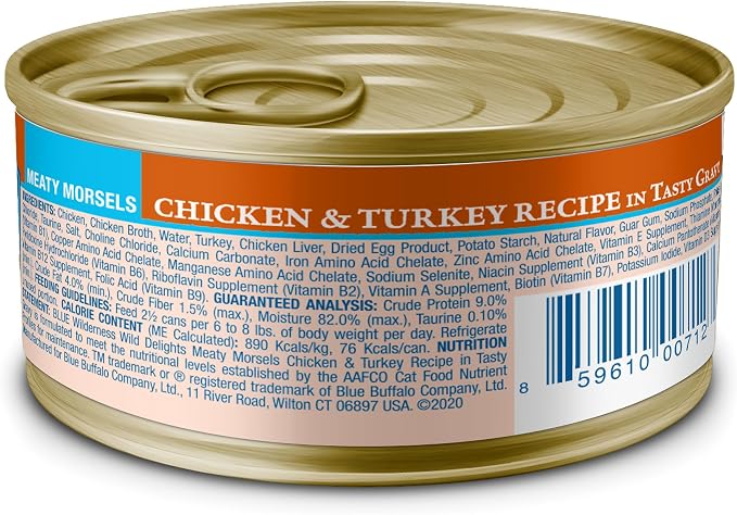 Blue Buffalo Wilderness Wild Delights Meaty Morsels Wet Cat Food,High-Protein & Grain-Free,Made with Natural Ingredients,Chicken & Turkey Recipe in Tasty Gravy,3-oz. Cans,(Pack of 48)