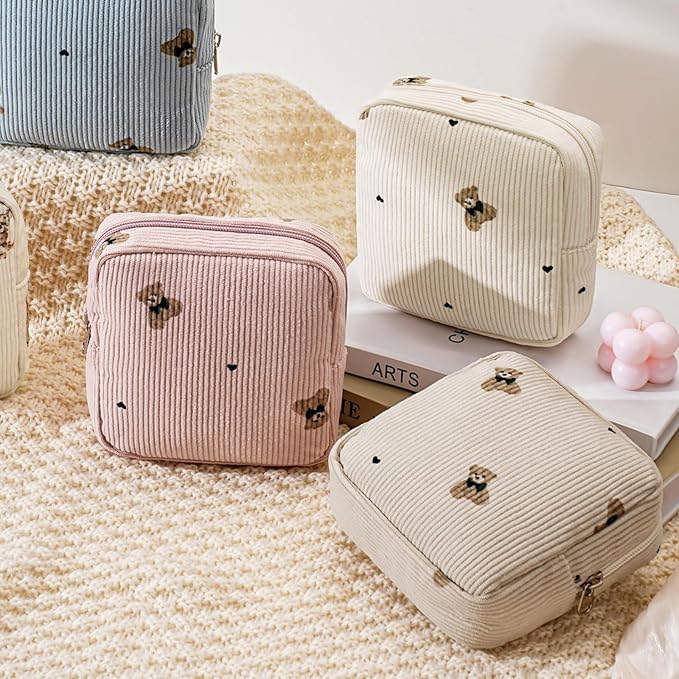 uekeboag 2Pcs Cute Small Soft Corduroy Zipper Makeup Bag for Purse, Coquette Aesthetic Pouch with Bear Pattern for Women Girls, Kawaii Travel Cosmetic Bags（Taupe Set）