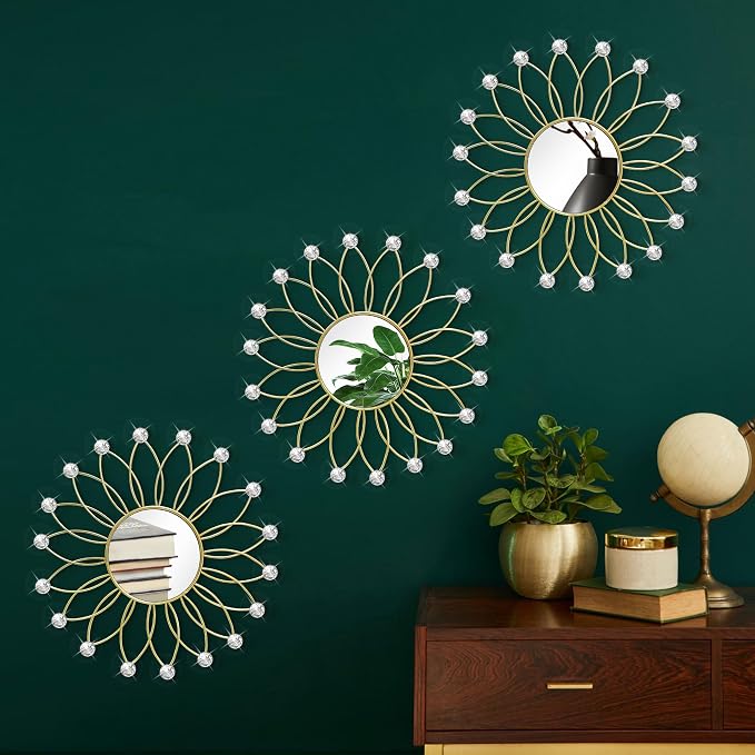 3 Pack Metal Mirrors for Wall Sunburst Wall Mirrors Home Décor Decorative Hanging Wall Art for Living Room Bedroom Entryway (Gold2 Crystal, Flowers)