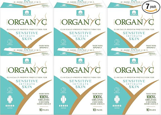 Organyc New Version 100% Certified Organic Cotton Inside and Out Overnight Feminine Pads, Heaviest Flow, Super Absorbency 2.0, 7 Count (6 Pack)