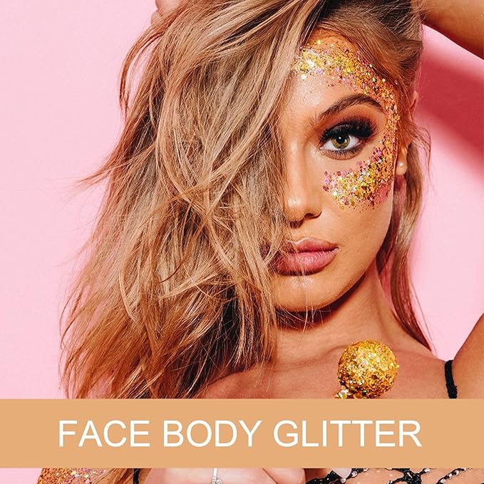 Body Face Glitter Makeup - Christmas Face Glitter Kids Stocking Stuffers, Sparkly Chunky Hair Glitters, Mermaid Birthday Decorations Rave Outfits for Kids (Gold Body Glitter)