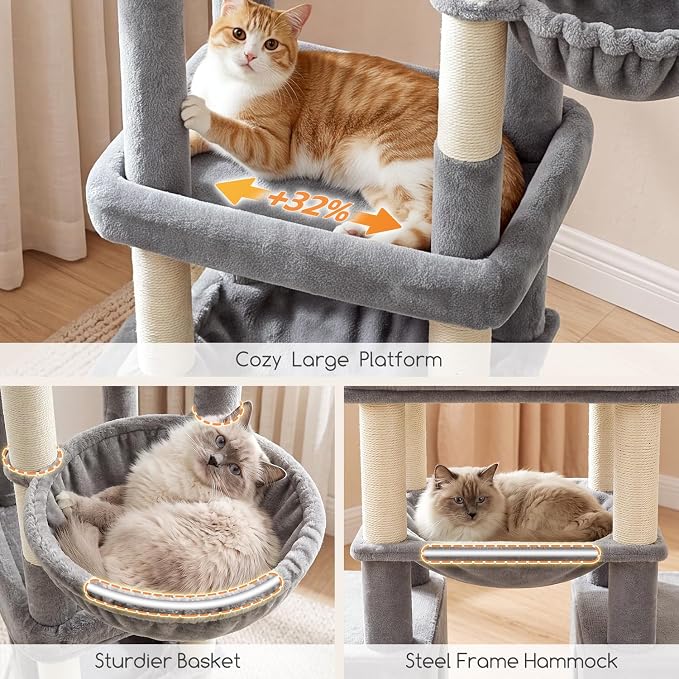 Globlazer Tall Cat Tower for Indoor Adult Cats, 72-inch, S72G, Light Grey | Heavy Duty Cat Tree House for Big Cats with 2 Extra-Large Padded Platform, 7 Sisal Scratching Posts, 3 Large Condos