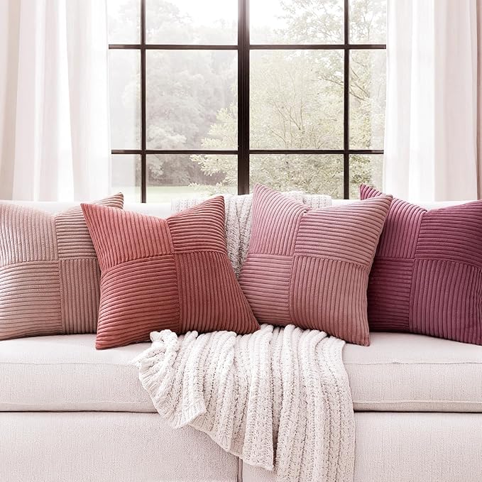MIULEE Pink Spring Throw Pillow Covers 20x20 Inch Set of 4 Boho Farmhouse Cushion Cases Decorative Gradient Pillow Cases Corduroy Striped Home Decor for Couch Sofa Living Room Bed Valentine Decor