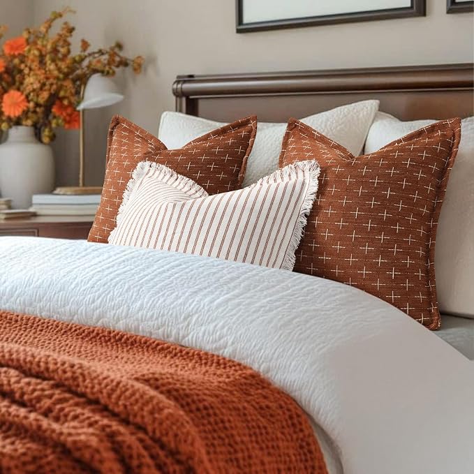 Fall Throw Pillow Covers 26x26 Set of 2 Striped Pillow Covers with Fringe Chic Cotton Decorative Pillows Square Cushion Covers for Sofa Couch Bed Living Room Fall Decor,Rust