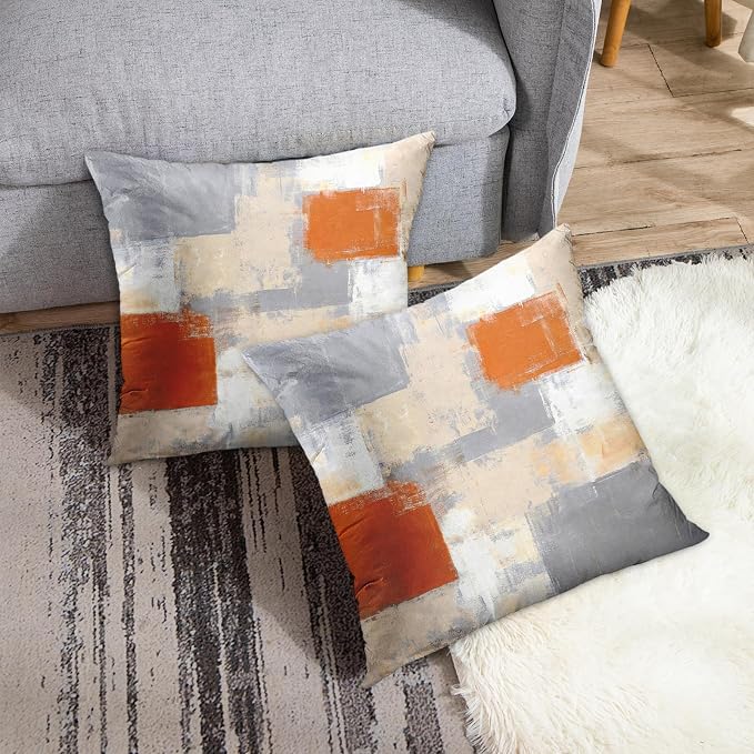 Throw Pillow Covers Set of 2, 16 x 16 Inch, Beige Orange Grey | Abstract Modern Art Outdoor Decorative Square Pillow Cases Couch Cushion Case for Couch Bed Sofa Living Room Home Decor