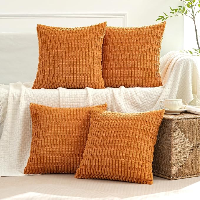 MIULEE Pack of 4 Fall Corduroy Throw Pillow Covers 18x18 Inch Burnt Orange | Neutral Rustic Farmhouse Boho Soft Striped Pillow Covers,Home Decor for Sofa,Living Room,Couch,Bed