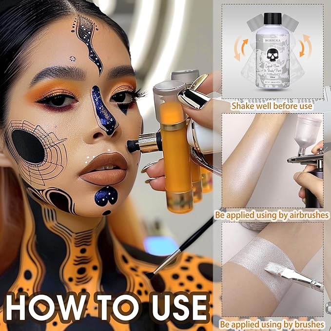 BOBISUKA Silver Face Body Paint Liquid Texture Washable Non Toxic Facepaint Fast Drying Metallic Silver Foundation Makeup for Halloween Cosplay SFX Costume Party Large Capacity(130ml)