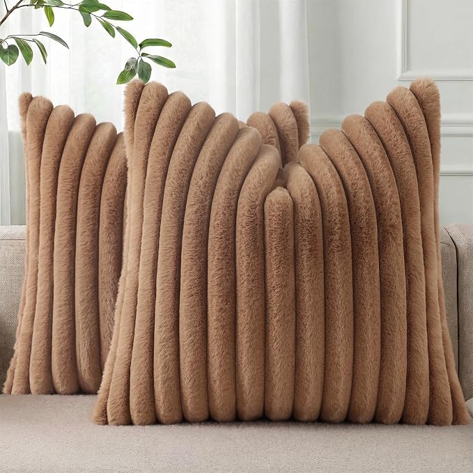 Pallene Faux Fur Decorative Throw Pillow Covers 20x20 Set of 2, Brown | Luxury Plush Texture, Striped Design, Cozy Soft Touch, Modern Home Accent Decor for Couch, Sofa, Bed, Living Room