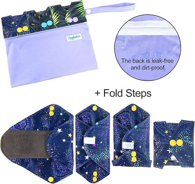 Leekalos Reusable Menstrual Pads - Bamboo Menstrual Cloth Pads | Light Incontinence Pads | Reusable Sanitary Pads - Pack of 6, 1 Cloth Mini Wet Bag