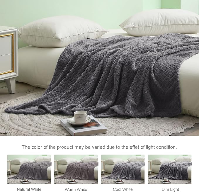 Exclusivo Mezcla Soft Fleece Bed Blanket Twin Size, 60”x80”, Dark Grey | Cozy Fluffy Lightweight Blankets for Summer, Decorative Plush Flannel Throws for Living room, Bedroom with Leaves Pattern