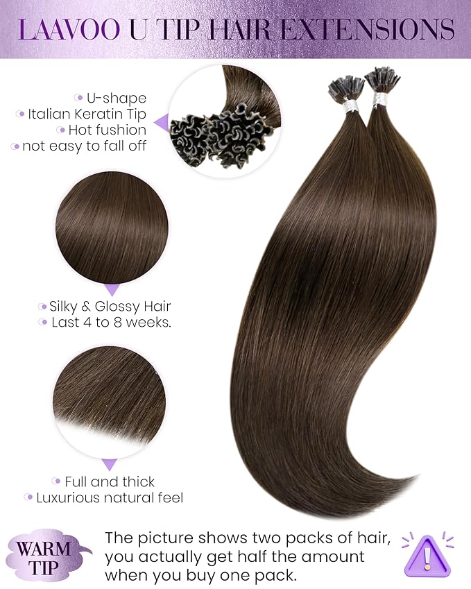 LaaVoo U Tip Hair Extensions Human Hair Brown Ktip Human Hair Extensions Medium Brown K Tip Hair Extensions Real Human Hair Hot Fusion Straight 100g 100s 22 Inch