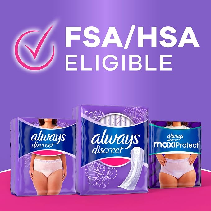Always Discreet Adult Incontinence Pads for Women, Drier, 5 Drop Long Length, Heavy Absorbency, Pads for Bladder Control Management, Bladder Leaks, & Postpartum Pads, 64ct