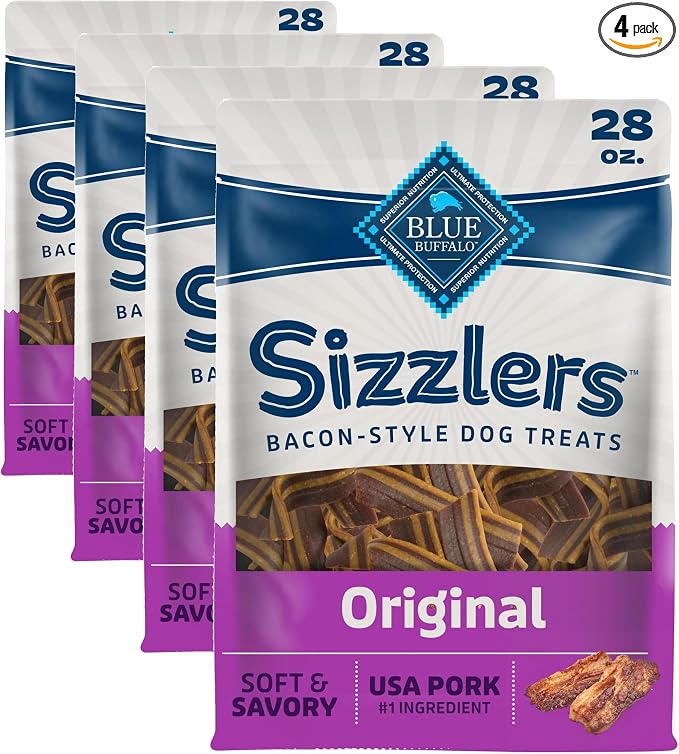 Blue Buffalo Sizzlers Bacon-Style Dog Treats with Real USA Pork, Original Flavor, 28-oz Bag (Pack of 4)