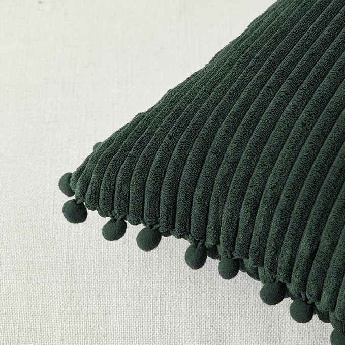 Fancy Homi 2 Pack Dark Green Small Decorative Throw Pillow Covers 14x14 Inch with Pom-poms for Couch Bedroom, Soft Corduroy Solid Rectangle Cushion Case 35x35 cm, Farmhouse Boho Home Decor