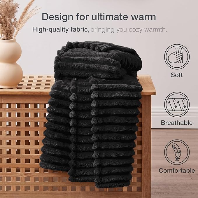 EXQ Home Fleece Blanket Queen Size for Couch or Bed - 3D Stripe Jacquard Decorative Blankets - Cozy Soft Lightweight Fuzzy Flannel Blanket Suitable for All Seasons(90"×90",Black)