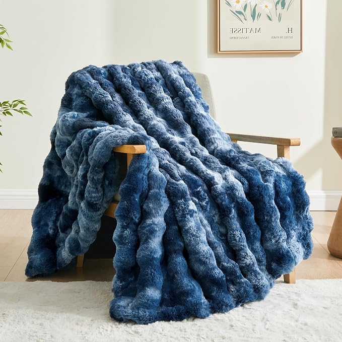 BEDELITE Faux Fur Throw Bubble Blanket for Couch, 60" x 80", Tie-Dye Blue | 870GSM Soft Cozy Plush Blanket for Sofa & Bed Living Room Decor, Warm Fuzzy Faux Rabbit Fur for Women Gift, All Season Use