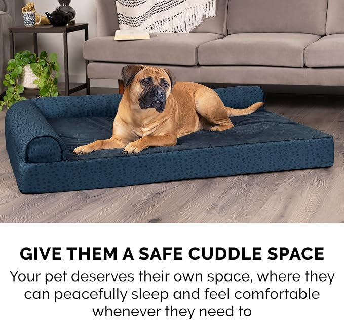 Furhaven Memory Foam Dog Bed for Large/Medium Dogs w/ Removable Bolsters & Washable Cover, For Dogs Up to 55 lbs - Plush & Almond Print L Shaped Chaise - Blue Almonds, Large