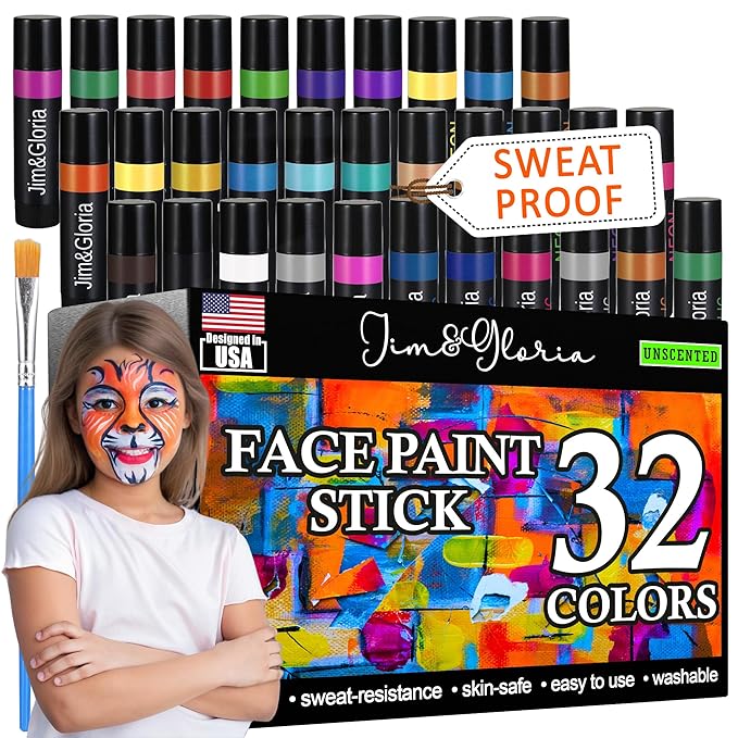 Jim&Gloria Face Paint Kit Bulk 32 Professional Face Painting Kit for Kids Party, Metallic, Neon, Classic Makeup, Facepaint Crayons, Washable Body Paint Adults, Girls Christmas Gifts Boys Crafts Toys
