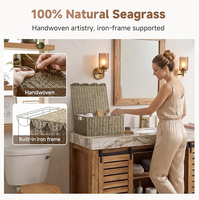 StorageWorks Scalloped Wicker Basket with Lid, Seagrass Storage Baskets | Rattan Storage Baskets with Scalloped Edge, Basket with Lid Decorative Storage, Woven Wicker Basket for Living Room, Bedroom