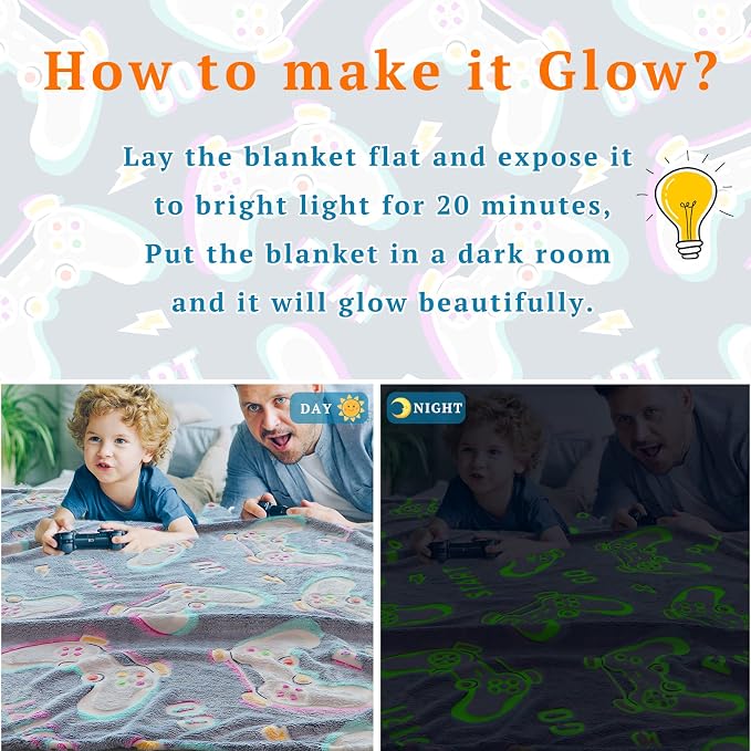 obinsm Gamer Toys Gifts for Teen Boys Kids, Glow in The Dark Gaming Blanket, Game Room Decor for 8-12 Year Old Boys, Birthday for Son Boyfriend