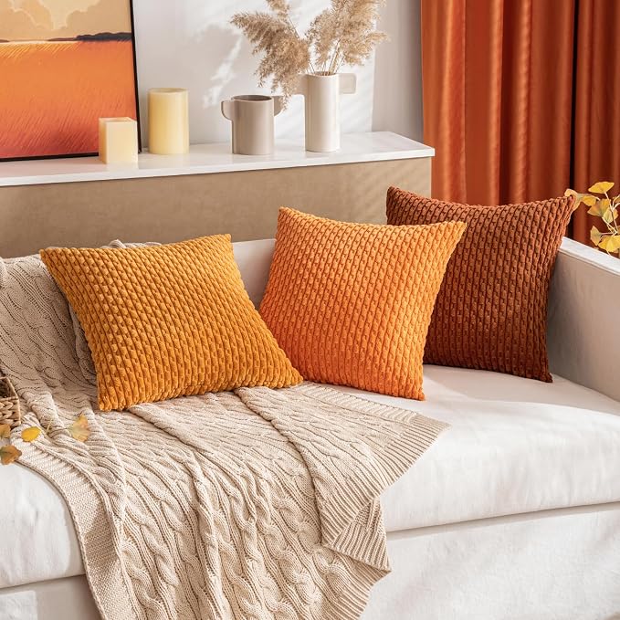 MIULEE Fall Decorative Throw Pillow Covers 16x16 Burnt Textured Corduroy | Terracotta Pack of 2 Striped Pillow Covers Modern Farmhouse Autumn Home Decor for Couch Bed Sofa Living Room