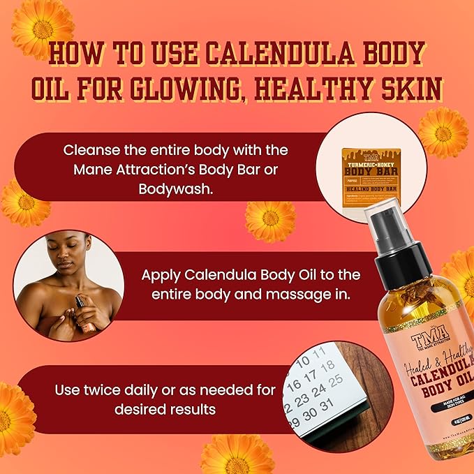 The Mane Attraction TMA Calendula Body Oil 4oz – Organic Calendula Infused Oil with Sunflower Almond Grapeseed & Jojoba – Soothing Body Oil for Sensitive Skin Redness Dryness and Discoloration