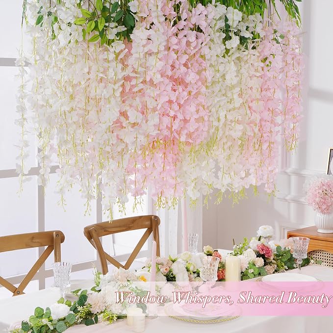 24 Pack Wisteria Hanging Flowers, 3.6 Feet/Pcs White Pink Artificial Flowers, Fake Wisteria Flowers Garland Vines for Bedroom Wedding Home Party Wall Decoration