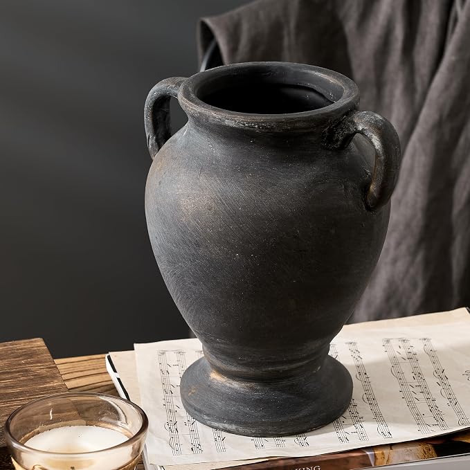 PORCER Ceramic Rustic Flower Vase with Handles, 8.36 Inch Tall Vintage Pottery Home Decor, Farmhouse Terracotta Vase for Living Room, Table, Shelf, Mantel Decoration, Farmhouse- Black Bronze