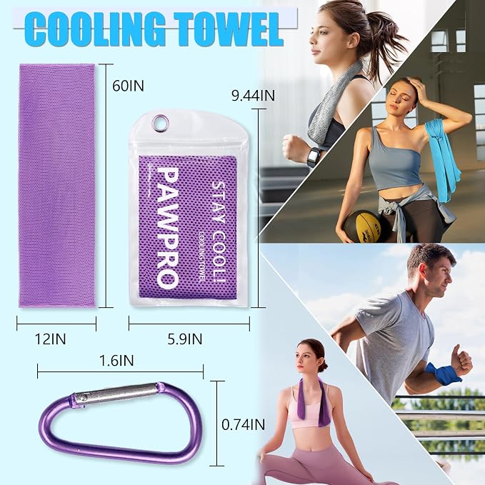 PAWPRO 4 Packs Cooling Towels for Neck and Face, Soft Breathable Gym Towels with Waterproof Bag & Carabiner, Multi-Colored Sweat Towels for Gym, Running, Yoga (Light Blue/Royal Blue/Purple/Grey)