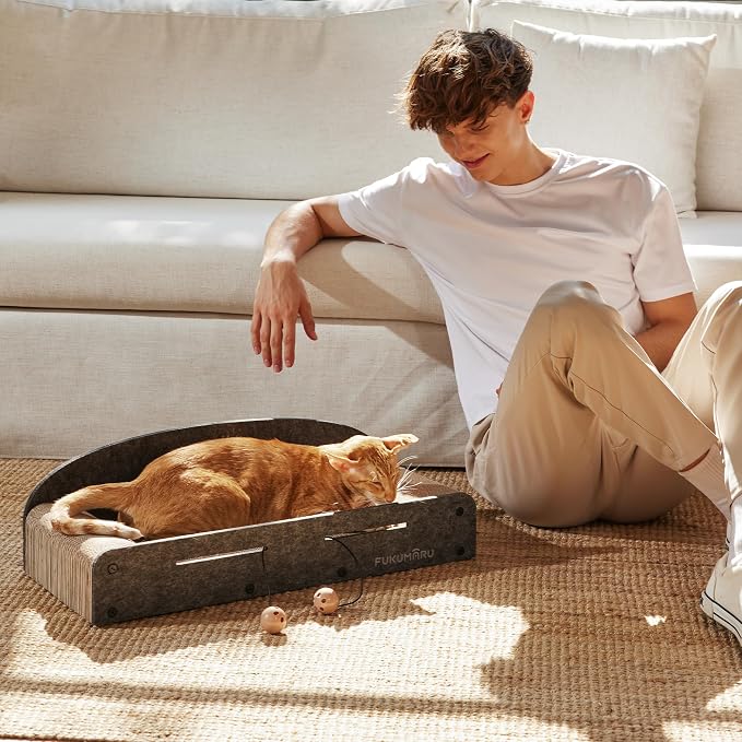 FUKUMARU Large Cat Scratcher Bed, 26 Inch Cat Scratching Bed Sofa Indoor | Cardboard Cat Scratcher with 2 Reversible Scratch Pad Refills, Durable Large Cat Scratching Lounger with Ball Toy, Grey