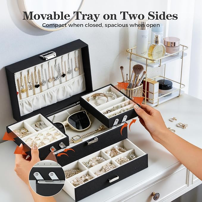 Jewelry Organizer Box, Large Jewelry Boxes for Women Girls, Space-Saving 3 Layers Jewelry Storage Case with Drawer, Movable Metal Stand, Modern, Gift Idea (Black)