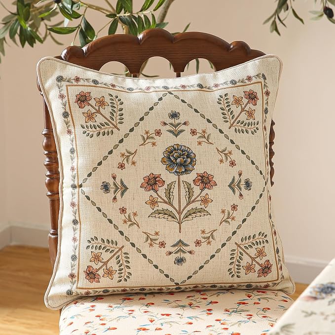Designer Linen Throw Pillow Cover,Set of 2,18"x18"-Cornucopia B | Elegant French Square Pillow Cover,Concealed Zipper Design,Floral Pattern,Sofas,Bedroom,Living Room,Lounge Chairs